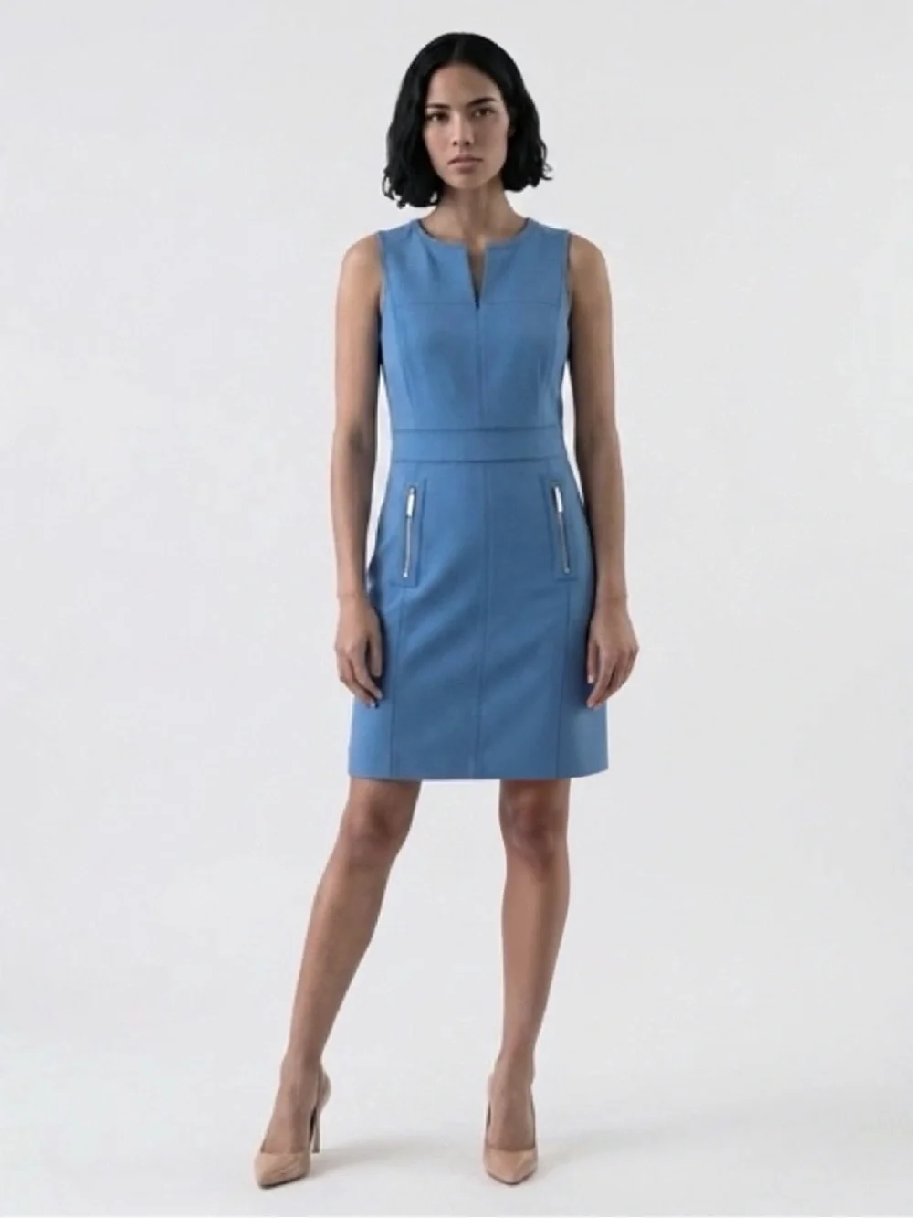 TORY BURCH CHELSEA SHEATH DRESS MONTEGO BLUE ZIPPERED ‎ POCKETS CORP-CORE MODEST